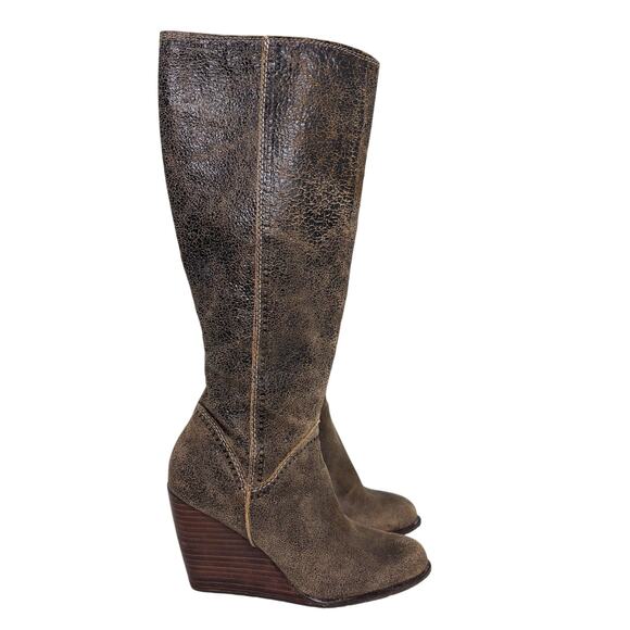 Fossil Crackled Brown Leather Wedge Knee High Boots 6 - Picture 7 of 11